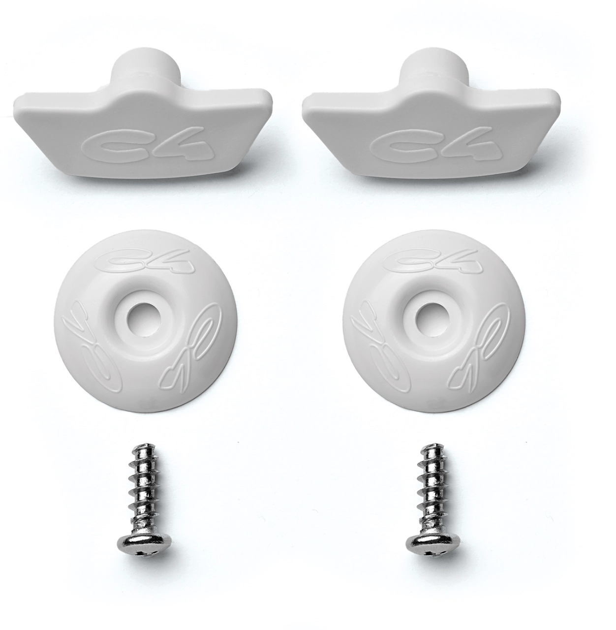 Kit de tornillos de repuesto/montaje para zapatas C4 400. El paquete incluye: 2 tapones de plástico, 2 tornillos autorroscantes de acero inoxidable y 2 arandelas de plástico.