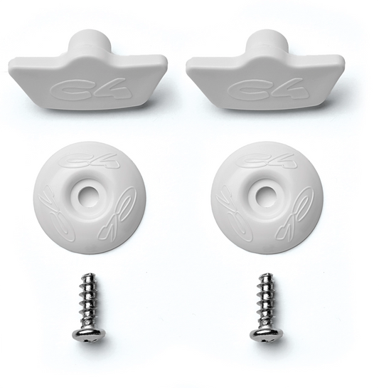 Kit de tornillos de repuesto/montaje para zapatas C4 400. El paquete incluye: 2 tapones de plástico, 2 tornillos autorroscantes de acero inoxidable y 2 arandelas de plástico.