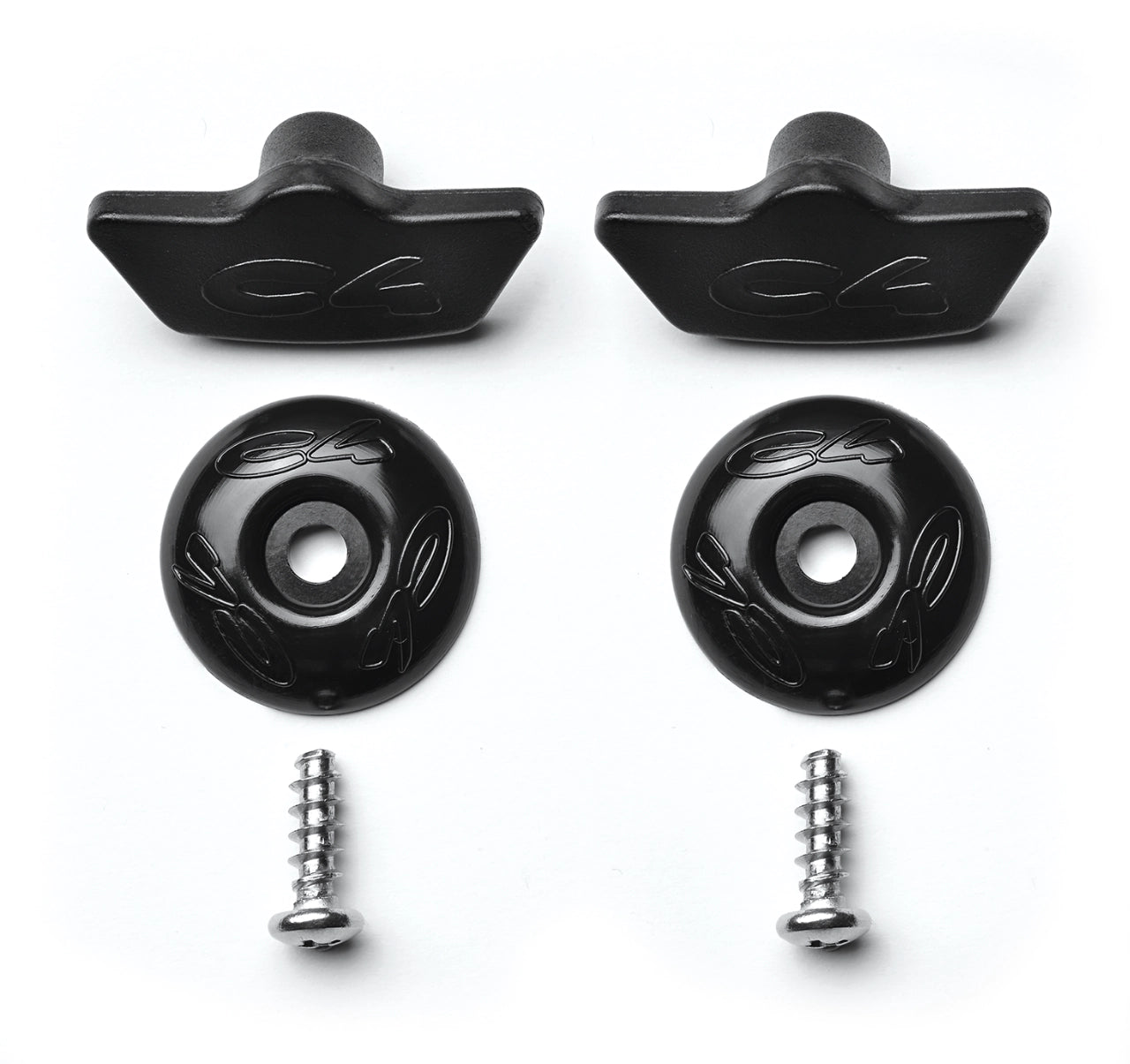 Kit de tornillos de repuesto/montaje para zapatas C4 400. El paquete incluye: 2 tapones de plástico, 2 tornillos autorroscantes de acero inoxidable y 2 arandelas de plástico.