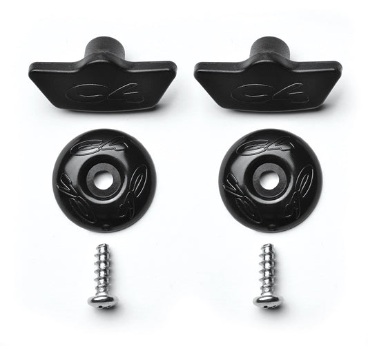 Kit de tornillos de repuesto/montaje para zapatas C4 400. El paquete incluye: 2 tapones de plástico, 2 tornillos autorroscantes de acero inoxidable y 2 arandelas de plástico.